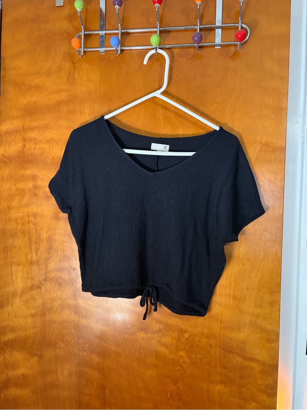 SO Black Ribbed V-Neck Drawstring Crop Top